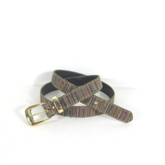 80’s Vintage Fabric Belt with Gold Buckle, Beaded Brass Edge Large L Eighties - Picture 2 of 8